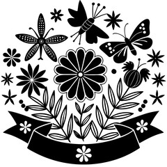 A seamless, vintage black and white floral pattern with delicate leaves and blossoms creates an elegant, decorative background