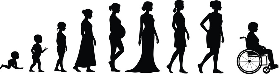 PrintSilhouette of woman life stages from baby to elderly in wheelchair, aging process