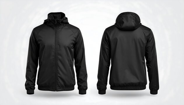 Mockup of a Black Windbreaker Jacket Displaying Front and Back Designs, Apparel Template for Designers