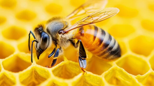 A close-up of a bee on honeycomb structure.
