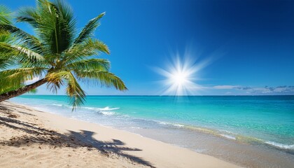 Obraz premium a beautiful tropical beach with palm trees and a clear blue sky the sun is shining over the ocean in a summer vacation background