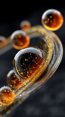 a 3D abstract composition featuring glossy black and metallic gold spheres floating in space