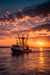 Fototapeta premium A fishing boat navigates through calm waters as a stunning sunset paints the sky with vivid colors. The silhouette of the boat contrasts beautifully with the vibrant clouds