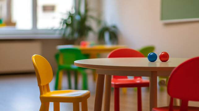 Brightly colored chairs and tables create a playful learning environment. A vibrant space for childrens' creativity and growth. - Powered by Adobe