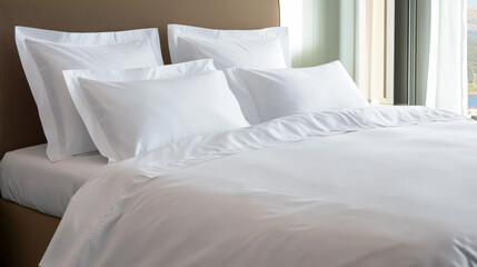 Luxurious bed with crisp white linens and multiple pillows.