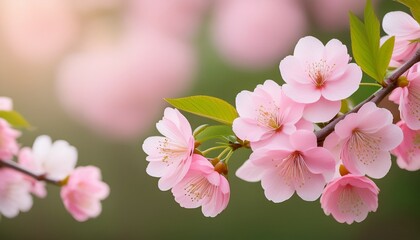 a pink cherry blossom branch with delicate pink flowers and green leaves against a blurred soft focus background
