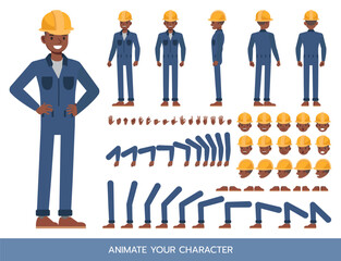 Male worker wearing blue jumpsuit working Character Constructor – Flat Design Vector Kit with Poses and Facial Expressions for Animation and Explainer Videos