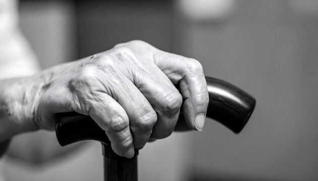 An elderly person's hand holding a cane in a black and white close-up shot