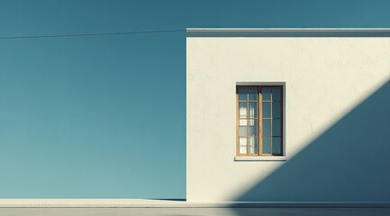 A minimalist depiction of a whitewashed building with a single window, bathed in sunlight against a vibrant blue sky.  A shadow stretches diagonally across the facade
