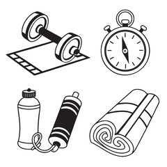 Fitness equipment including dumbbell, stopwatch, bottle and mat isolated on white background