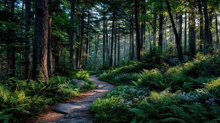 Obraz premium Forest path winding through lush foliage