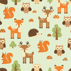 Obraz premium Charming forest friends woodland creatures seamless pattern perfect for children's decor and delightful stationery designs