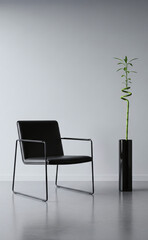 Fauteuil design noir à structure métallique et bambou dans un vase cylindrique sur fond gris