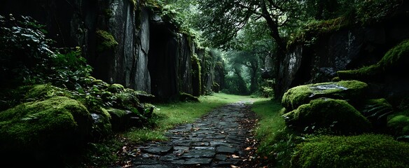 Mysterious Stone Path Through Lush Green Forest with Scenic Landscape, and Nature Travel.