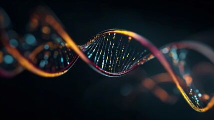 A close-up view of a vibrant DNA double helix against a dark backdrop, symbolizing scientific research and genetics