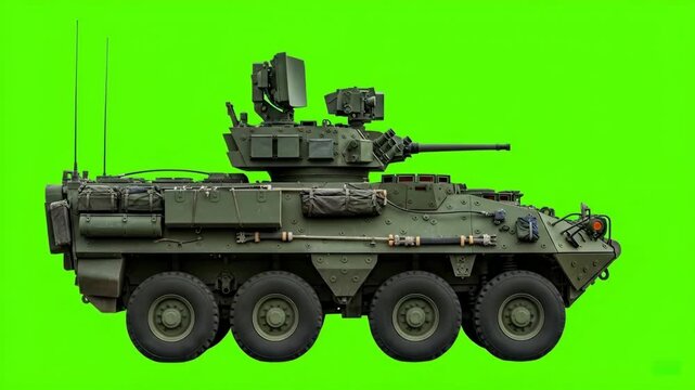 US Army Stryker Armored Fighting Vehicle with a Green Screen Background, Modern Military Armored Vehicle Isolated on a Chroma Green Background