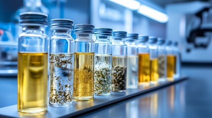 Laboratory vials arranged in a row, with various scientific liquids, for research and experiment