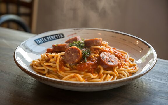 Steaming spaghetti with tomato sauce and sliced sausage in a bowl with " Pasta Peretta" branding noodles