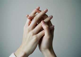 Two hands interlocked, showcasing delicate fingers with manicured nails against a pale background.