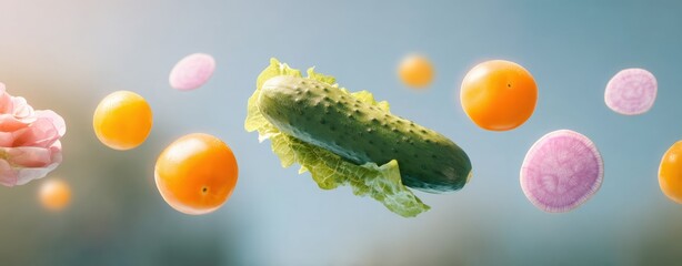 Healthy cucumber floating with colorful fruits.