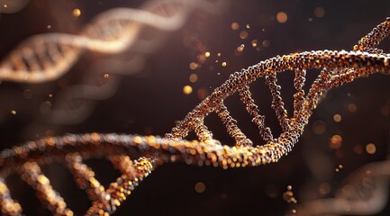 A detailed 3D rendering of DNA,  golden-brown in color, with a dark background. Tiny particles float around it