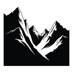 Art of dramatic black and white mountain range with sharp peaks and deep valleys, showcasing the rugged beauty of natures grandeur