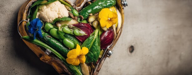 Heart-shaped arrangement of fresh vegetables.