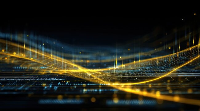 Abstract digital landscape with glowing yellow and blue lines and particles against a dark background.  Complex data streams and networks flow across the image