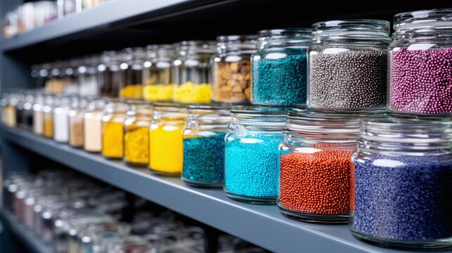 Colorful jars of sprinkles lined on a metal shelf. The jars filled with blue, red, black and purple beads create a vibrant display. Perfect for baking themes.