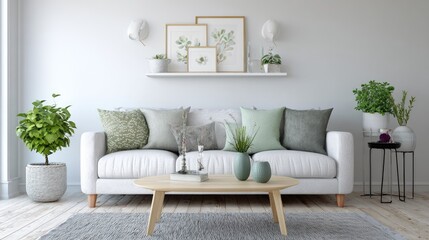 Fototapeta premium close-up of a Scandinavian living room with minimalist decor, color tones: cool white, ash gray, and soft pine green