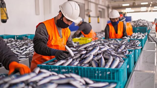 Workers processing fish in a seafood processing facility.