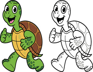 Cartoon turtle walking with colored and outline versions side by side illustration