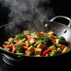 Steaming Tofu and Vegetable Stir-Fry in a Wok