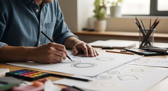 Designer sketching logo concepts with color palette and drawing tools on wooden desk image photo