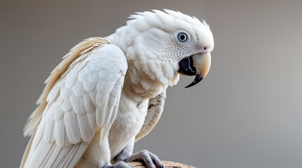 Fototapeta premium White Cockatoo with Blue Eyes Perched on Wooden Surface Against Neutral Background