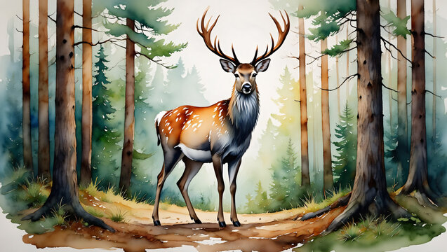 Majestic Stag Standing Proudly in a Lush Watercolor Forest Scene deer male deer