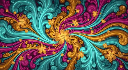 Vibrant swirling patterns intertwine with delicate golden blossoms, creating a mesmerizing abstract floral tapestry of teal, magenta, and warm gold hues