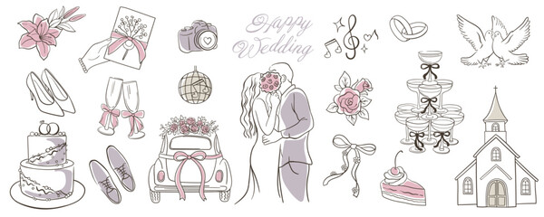 Elegant hand-drawn doodle wedding vector set featuring bride and groom, cake, rings, doves, flowers, car, champagne, church, and romantic elements. Perfect for invitations and decor