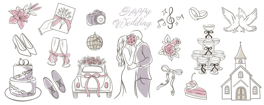 Elegant hand-drawn doodle wedding vector set featuring bride and groom, cake, rings, doves, flowers, car, champagne, church, and romantic elements. Perfect for invitations and decor