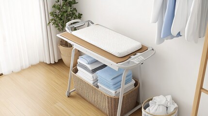 Foldable ironing board with a storage shelf underneath next to a laundry basket and folded clothes demonstrating a multipurpose design that saves space and increases storage