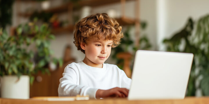 Smiling boy doing homework on laptop at home in bright living room. Online learning, education and technology for children - Powered by Adobe