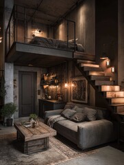 Loft apartment with exposed concrete, dark gray furnishings, and wooden accents