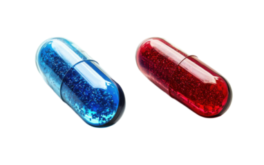 Blue pill and red pill supplement isolated on white background, png