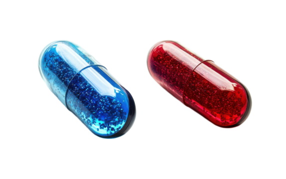Blue pill and red pill supplement isolated on white background, png