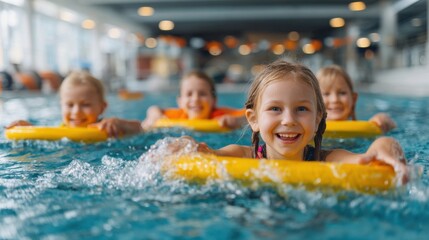 Children swimming enjoyably with floats at indoor pool fun activity bright environment joyful viewpoint