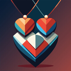 A striking, abstract illustration featuring two geometric, heart-shaped pendants hanging from necklaces against a dark, moody background with a vibrant color palette.