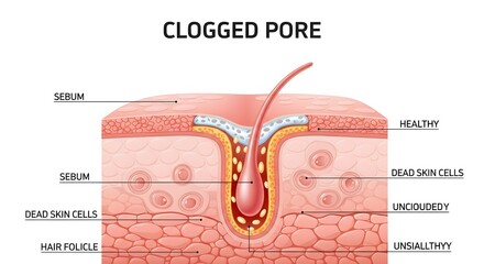 Medical vector illustration showing the anatomy of a clogged pore compared to a healthy one, detailing sebum and dead skin cells buildup