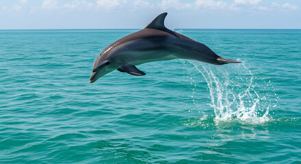 Fototapeta premium Dolphin leaping joyfully out of the crystal clear turquoise ocean water during the daytime