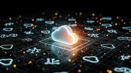 A glowing cloud symbol emerges from a digital grid filled with interconnected icons and symbols representing data exchange and technology creating a futuristic atmosphere - Powered by Adobe