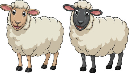 Two cartoon sheep standing side by side with different colored faces and legs